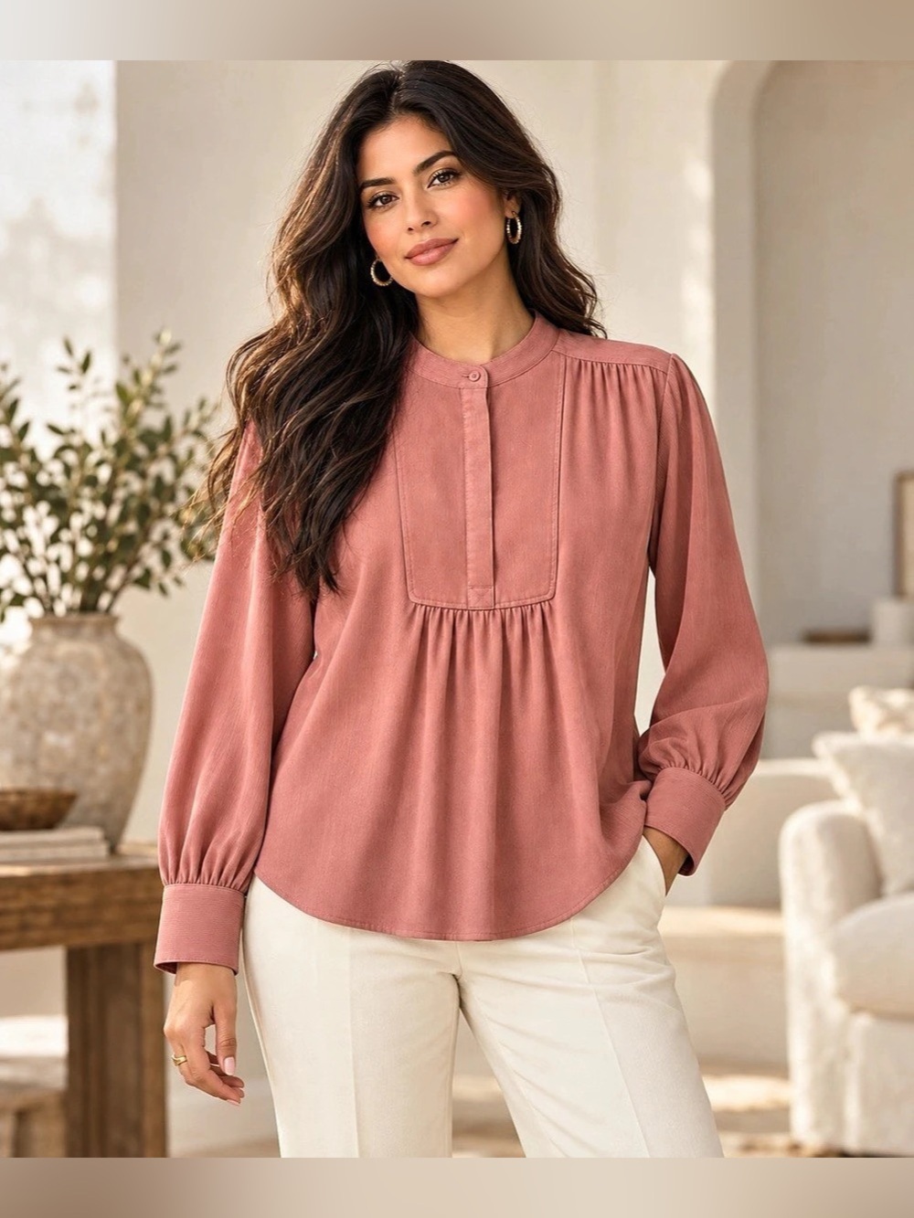 Free People Blouse Womens XS Dusty Rose Textured Bib Front Long Sleeve Boho Top